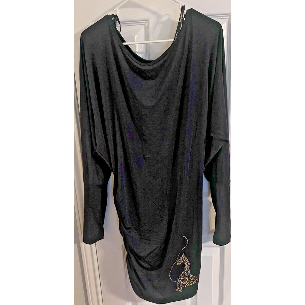 Baby Phat Plunge Neckline Ruched Bodycon Black Dress Size M Vintage Y2K